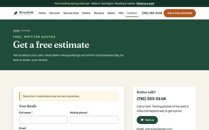 Wrenfield sample quote request form