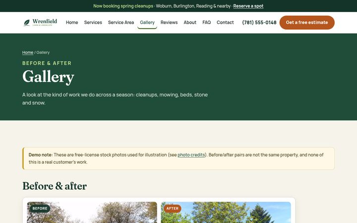 Before-and-after gallery page of the Wrenfield sample site