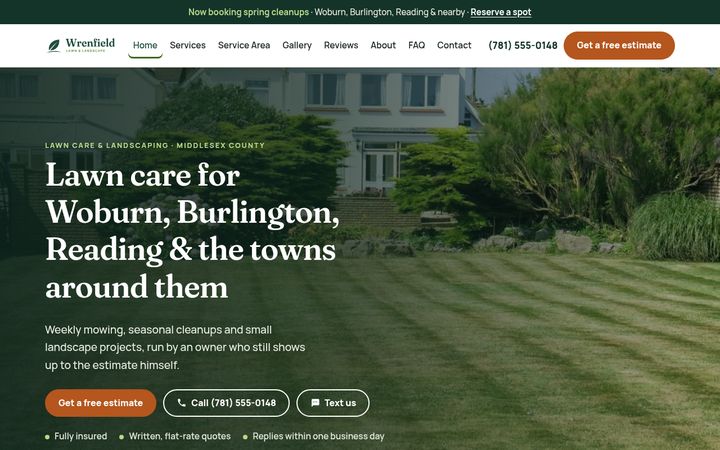 Home page of the Wrenfield Lawn & Landscape sample site on a desktop browser
